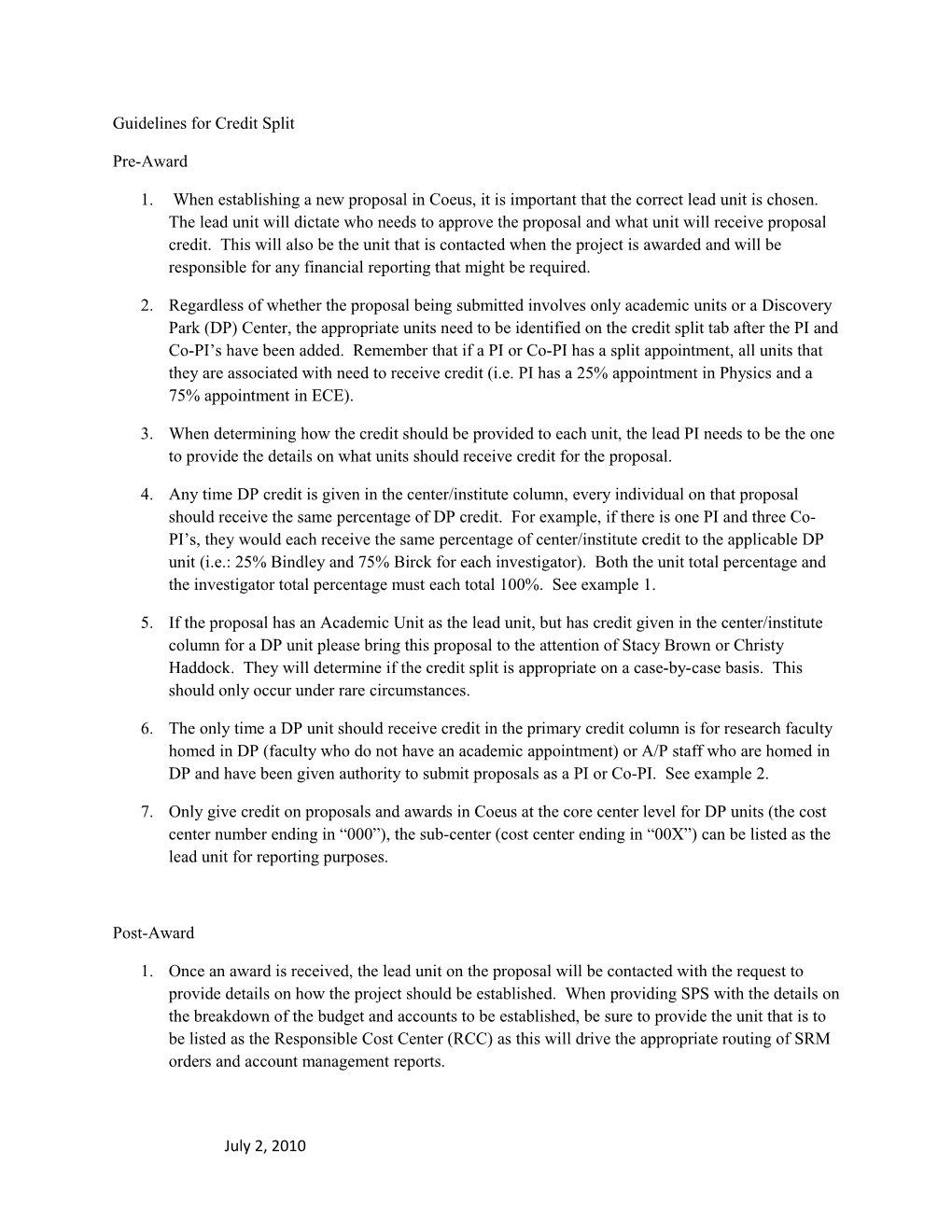 Guidelines for Credit Split