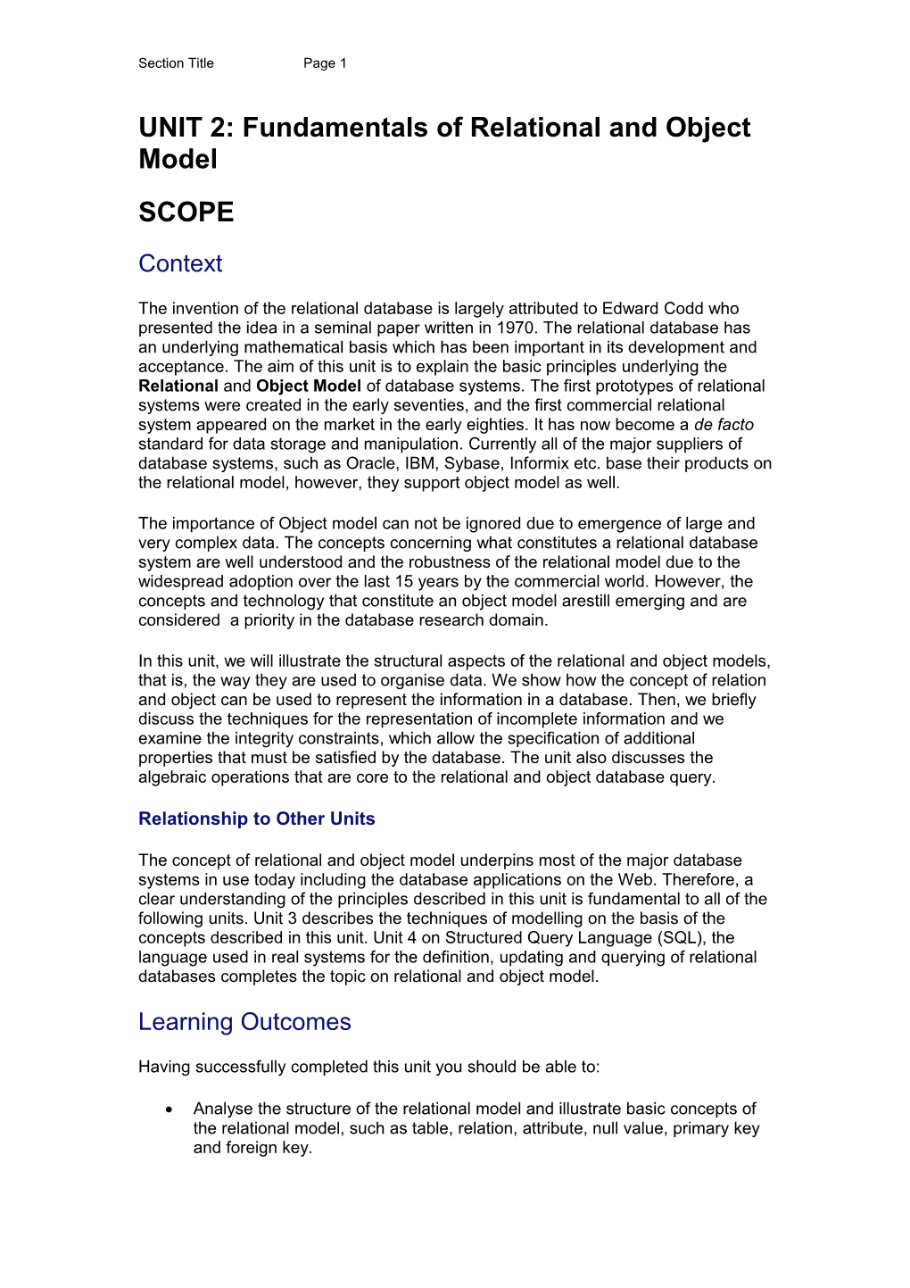 UNIT 2: Fundamentals of Relational and Object Model