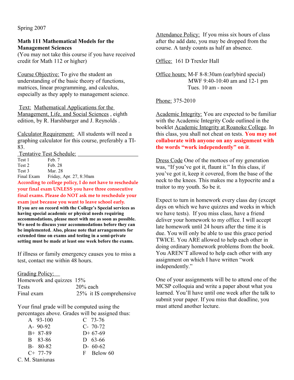 Math 111 Mathematical Models for the Management Sciences