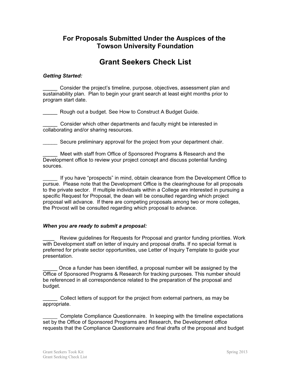 Grant Seeking Check List