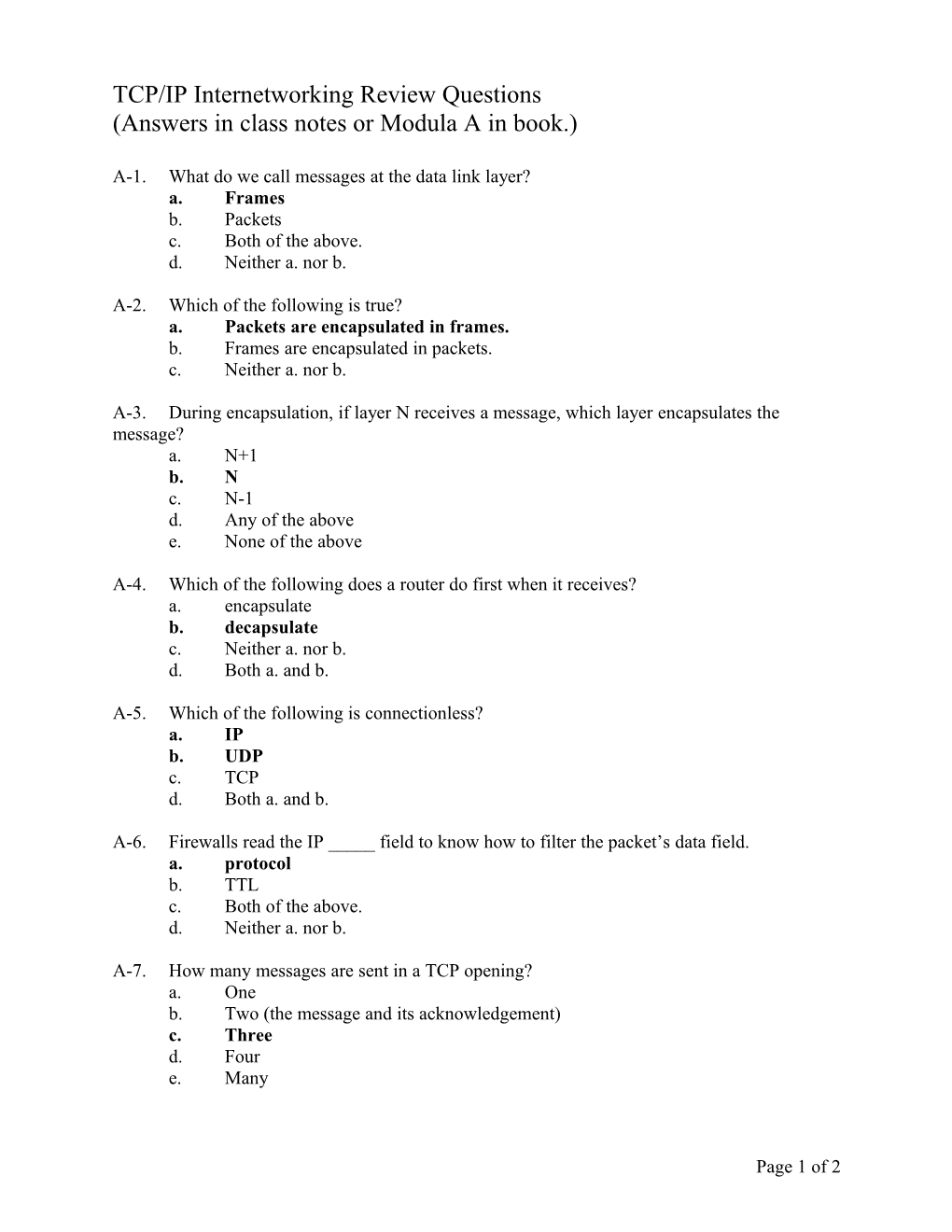 TCP/IP Internetworking Review Questions