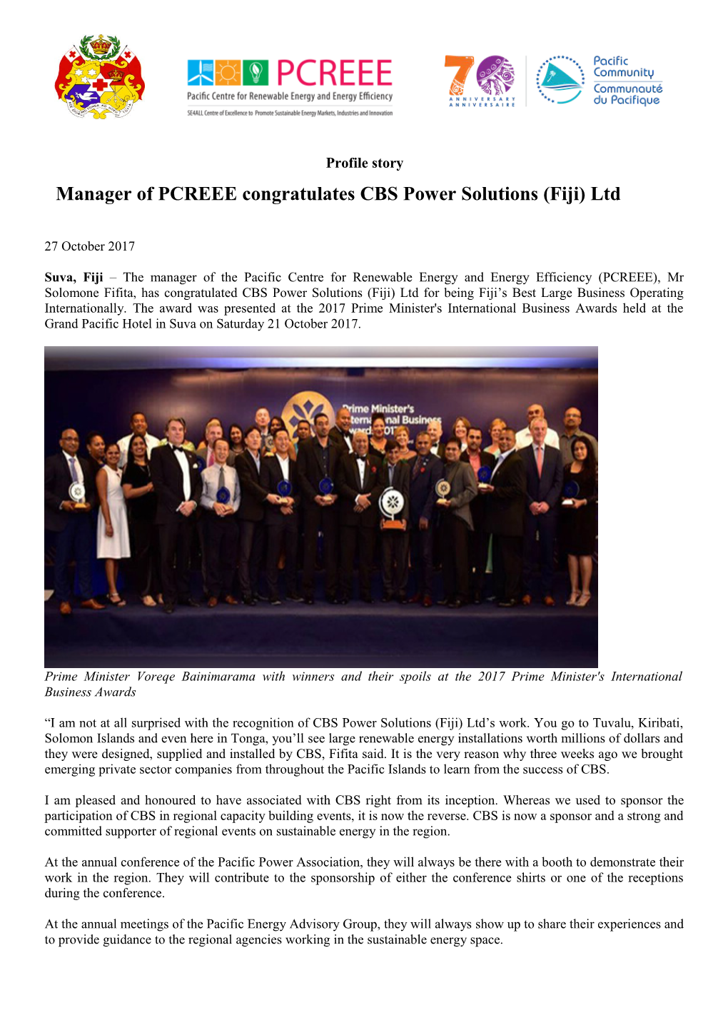 Manager of PCREEE Congratulates CBS Power Solutions (Fiji) Ltd
