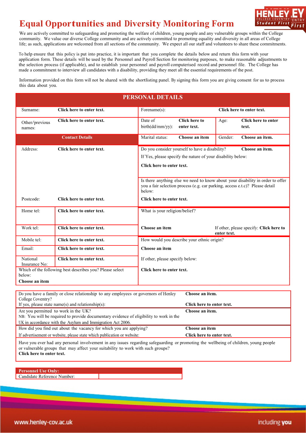 Equal Opportunities and Diversity Monitoring Form