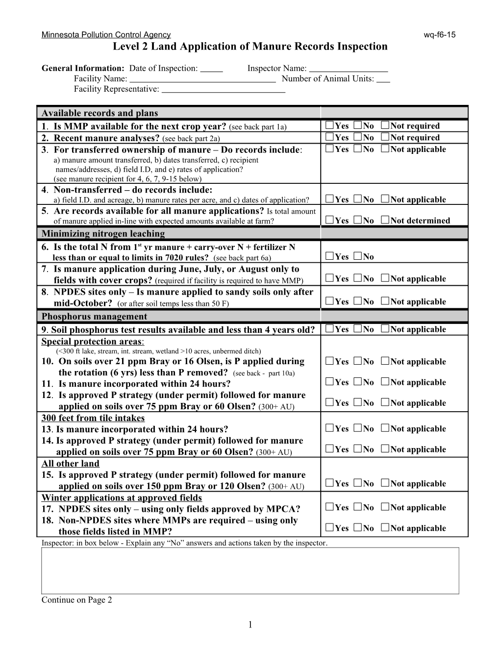 Level 2 Land Application of Manure Records Inspection