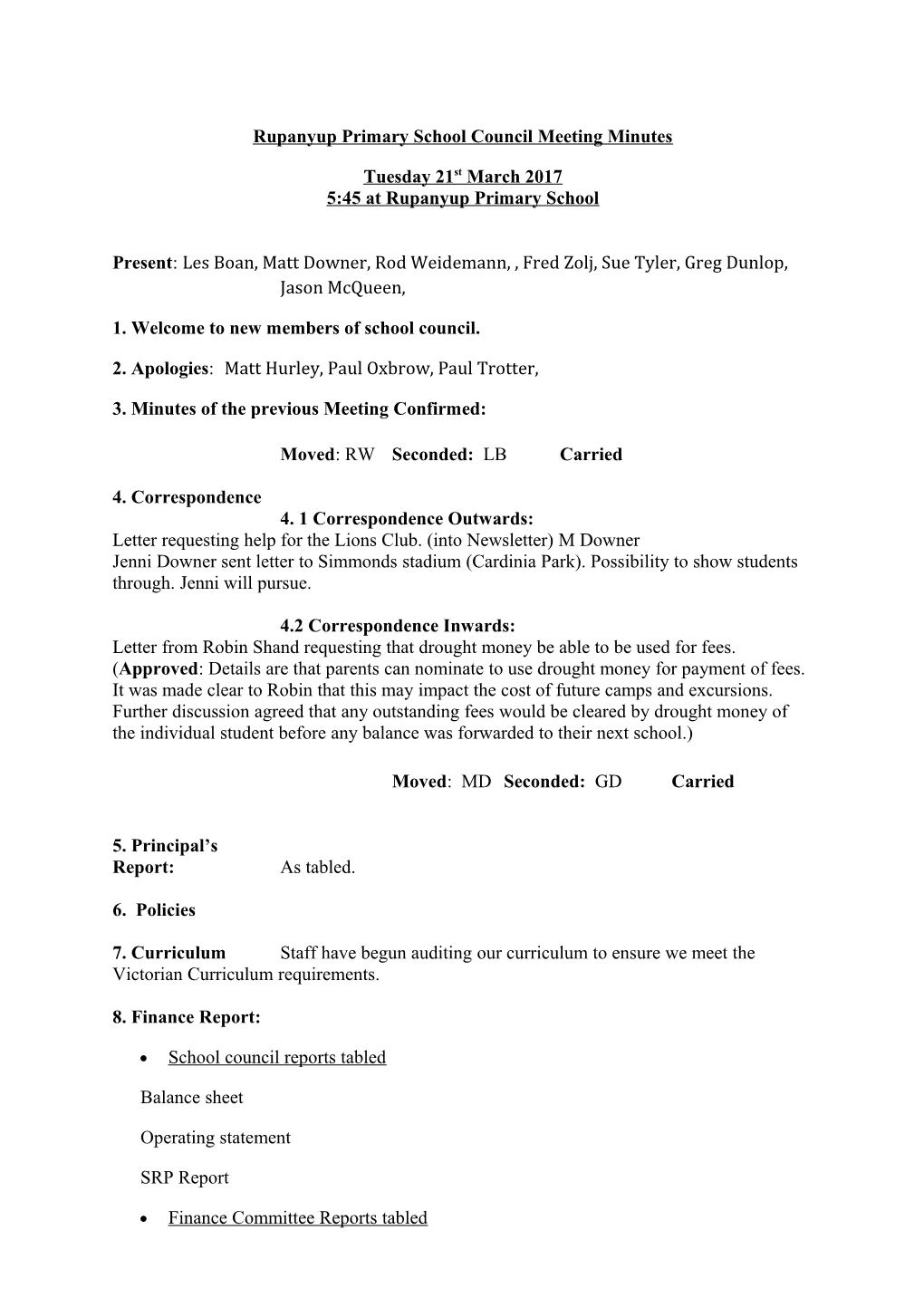 Rupanyup Primary School Council Meeting Minutes