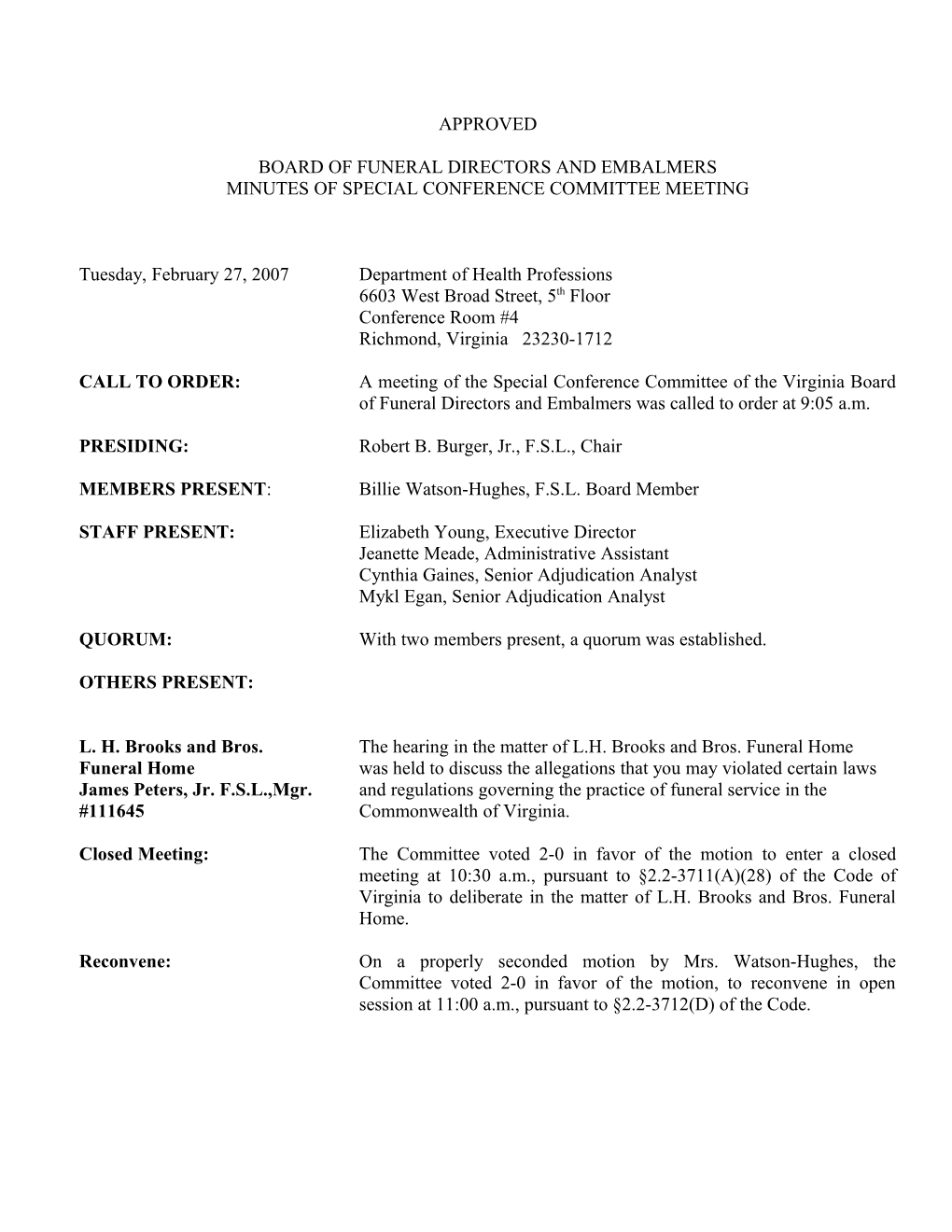 Funeral-Special Conference Committee Meeting Minutes-February 27, 2007