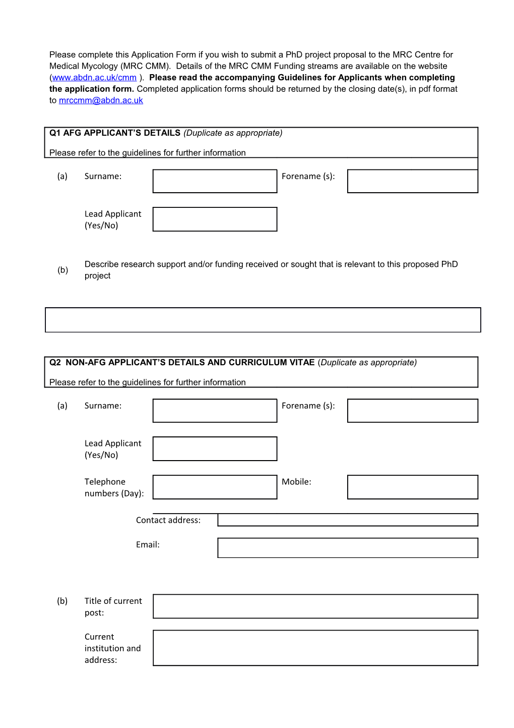 This Application Form Must Be Completed by Principal Applicants Wishing to Submit a Research