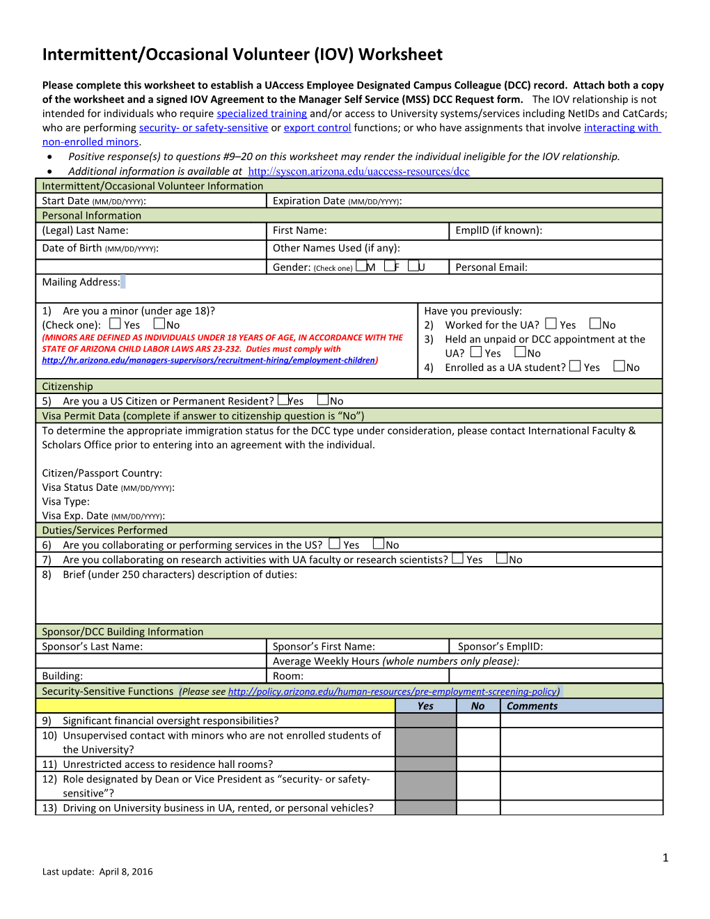 Intermittent/Occasional Volunteer (IOV) Worksheet