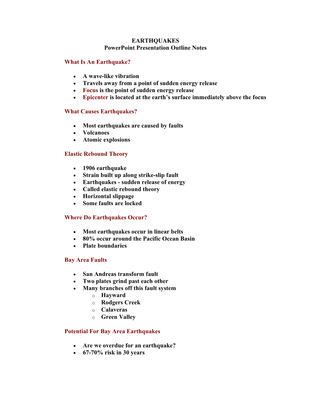 EARTHQUAKES Powerpoint Presentation Outline Notes