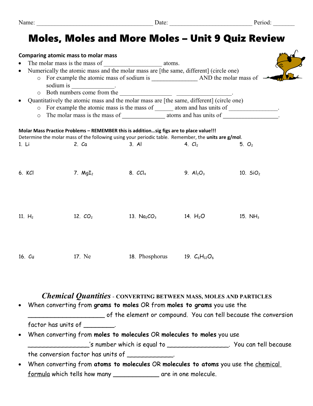 Moles, Moles and More Moles Unit 9 Quiz Review