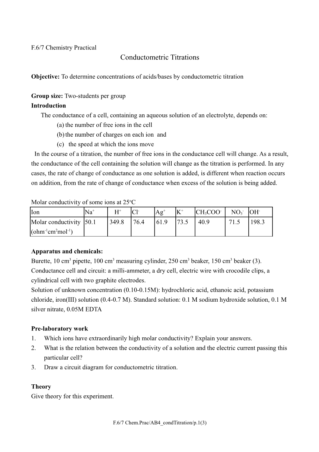 Objective: to Determine Concentrations of Acids/Bases by Conductometric Titration