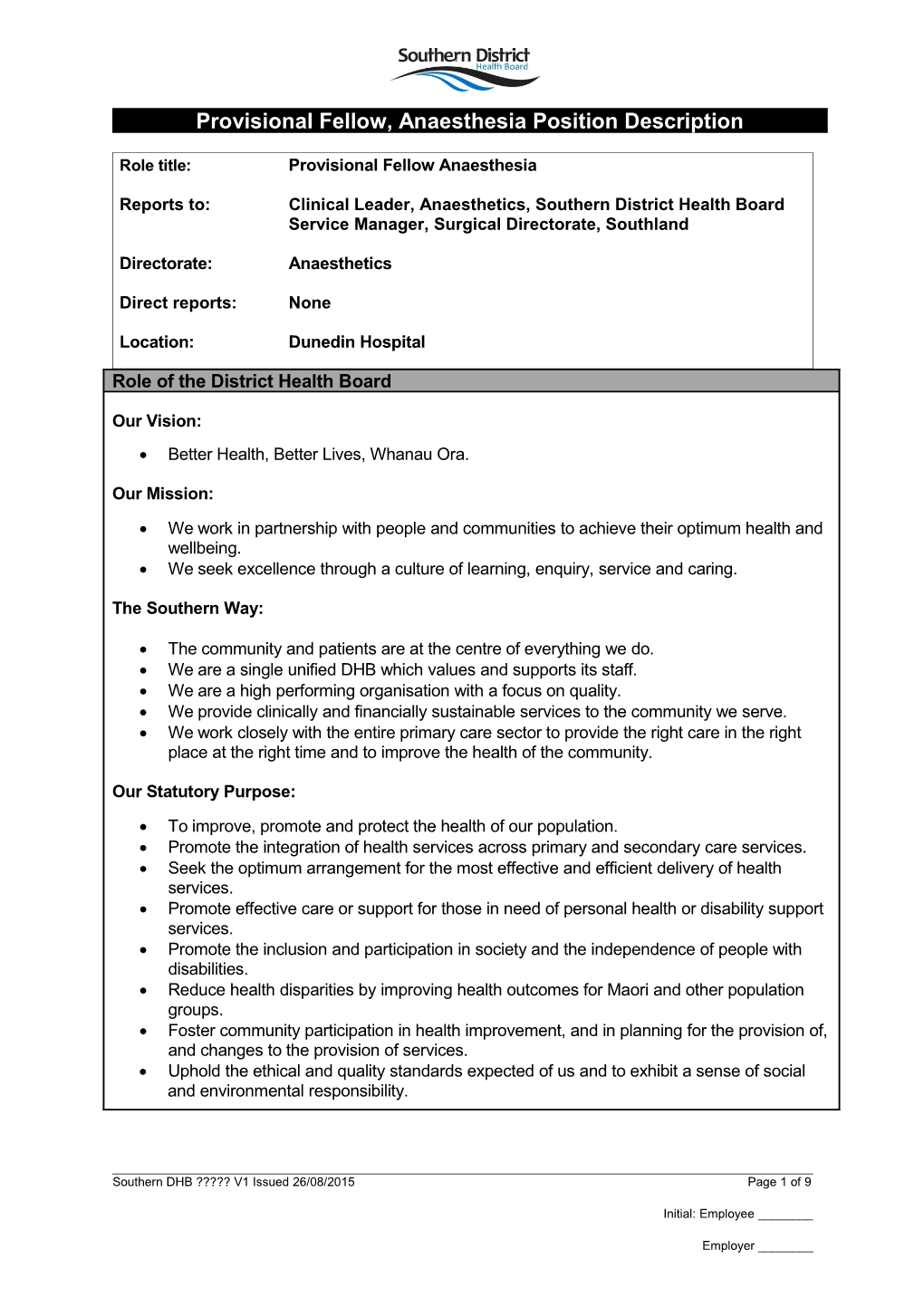 Provisional Fellow, Anaesthesia Position Description