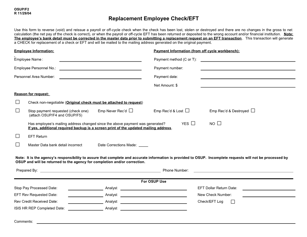 Replacement Employee Check/EFT