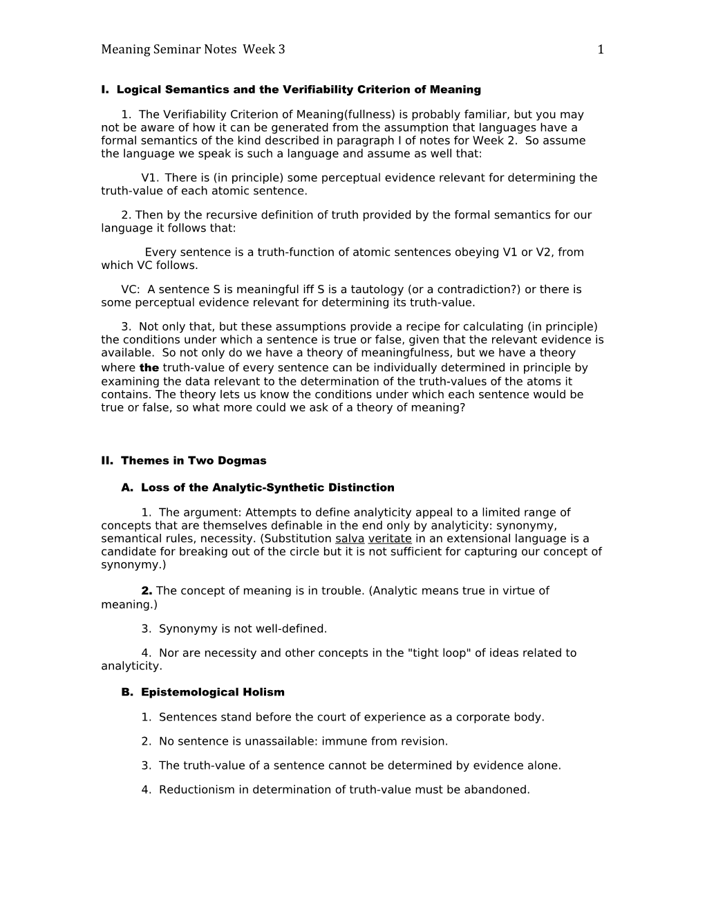 I. Logical Semantics and the Verifiability Criterion of Meaning