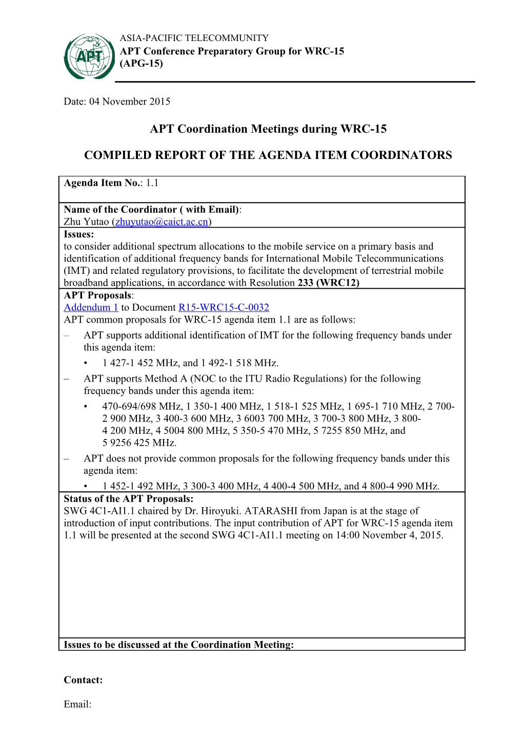 APT Coordination Meetings During WRC-15