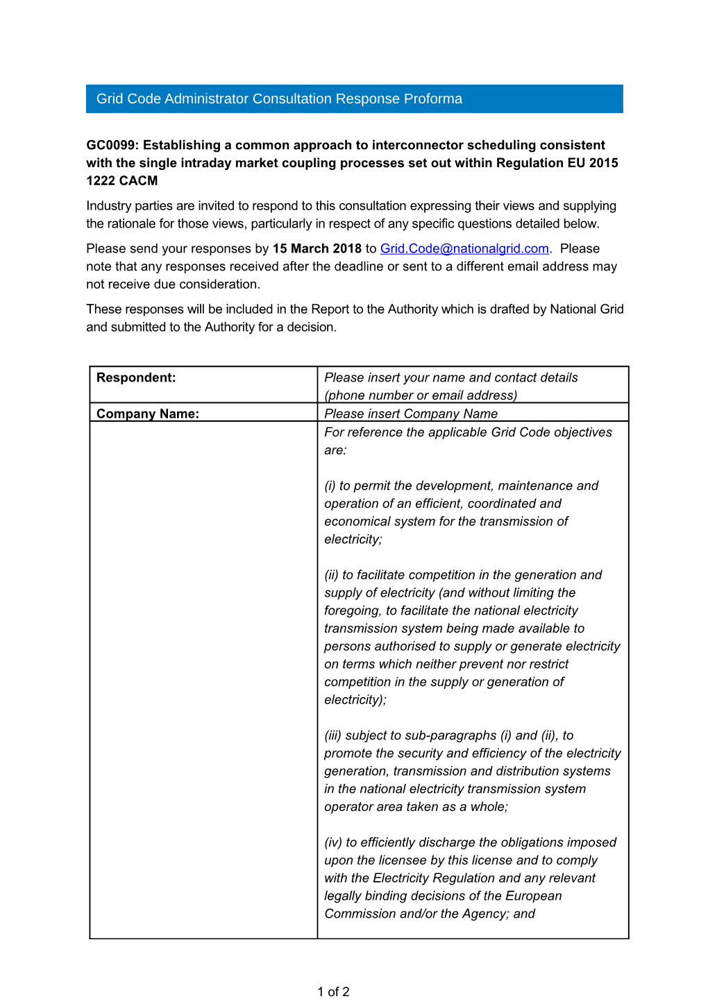 Grid Code Administrator Consultation Response Proforma