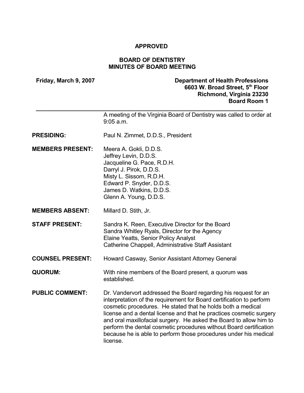 Virginia Board of Dentistry Minutes 03-09-2007