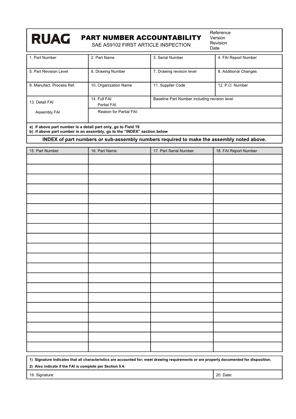 AS9102 Rev a First Article Inspection Report Form