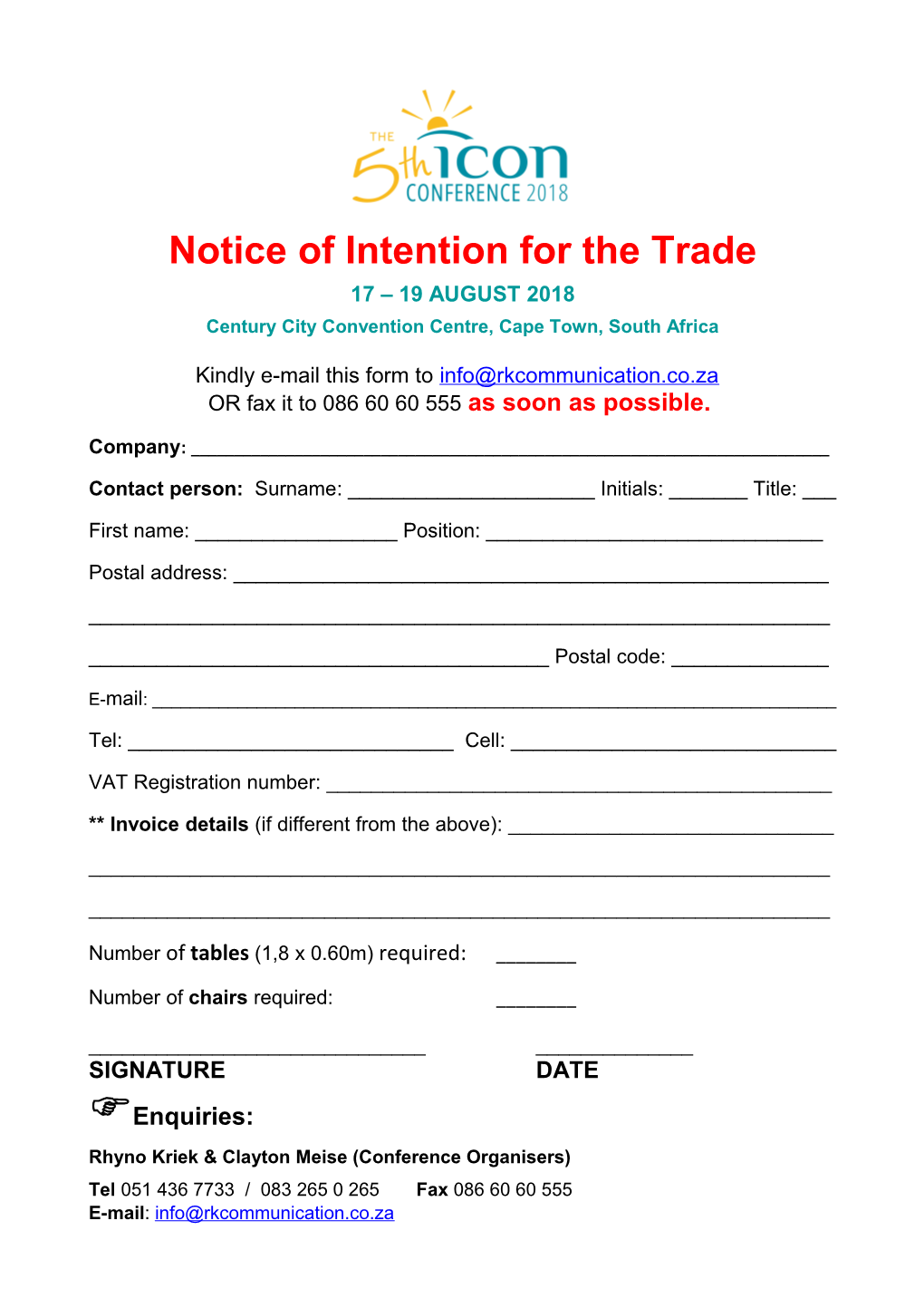 Notice of Intention for the Trade
