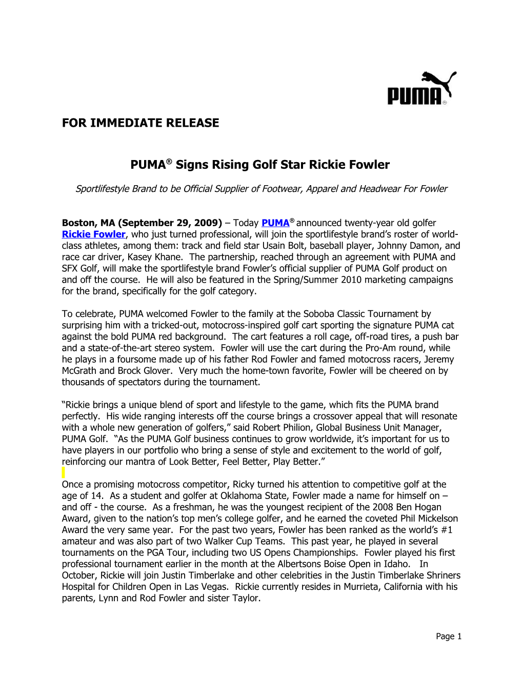 PUMA Signs Rising Golf Star Rickie Fowler