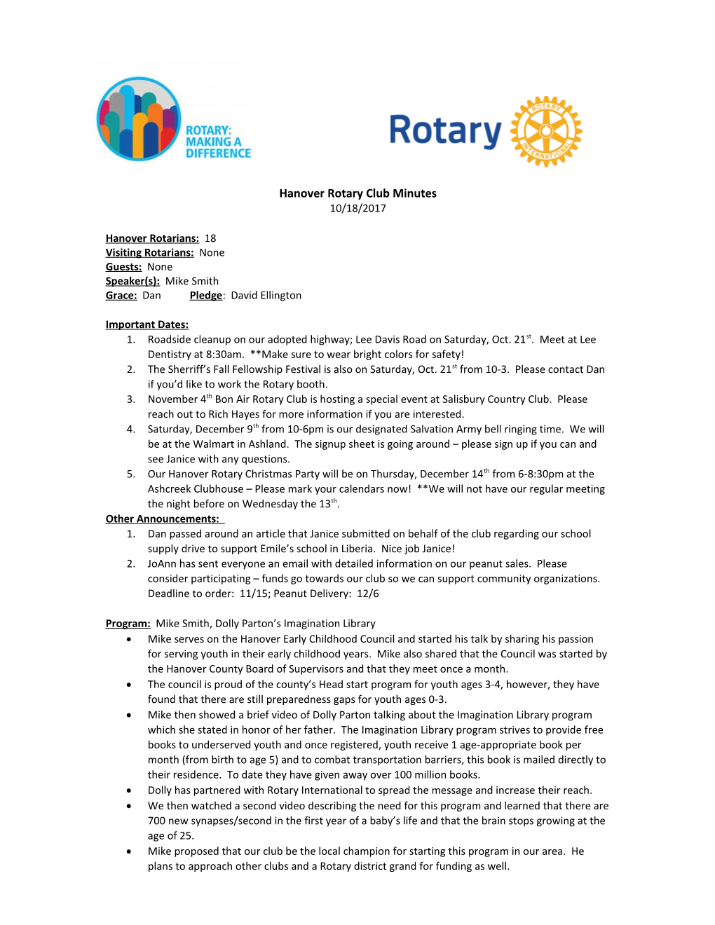 Hanover Rotary Club Minutes