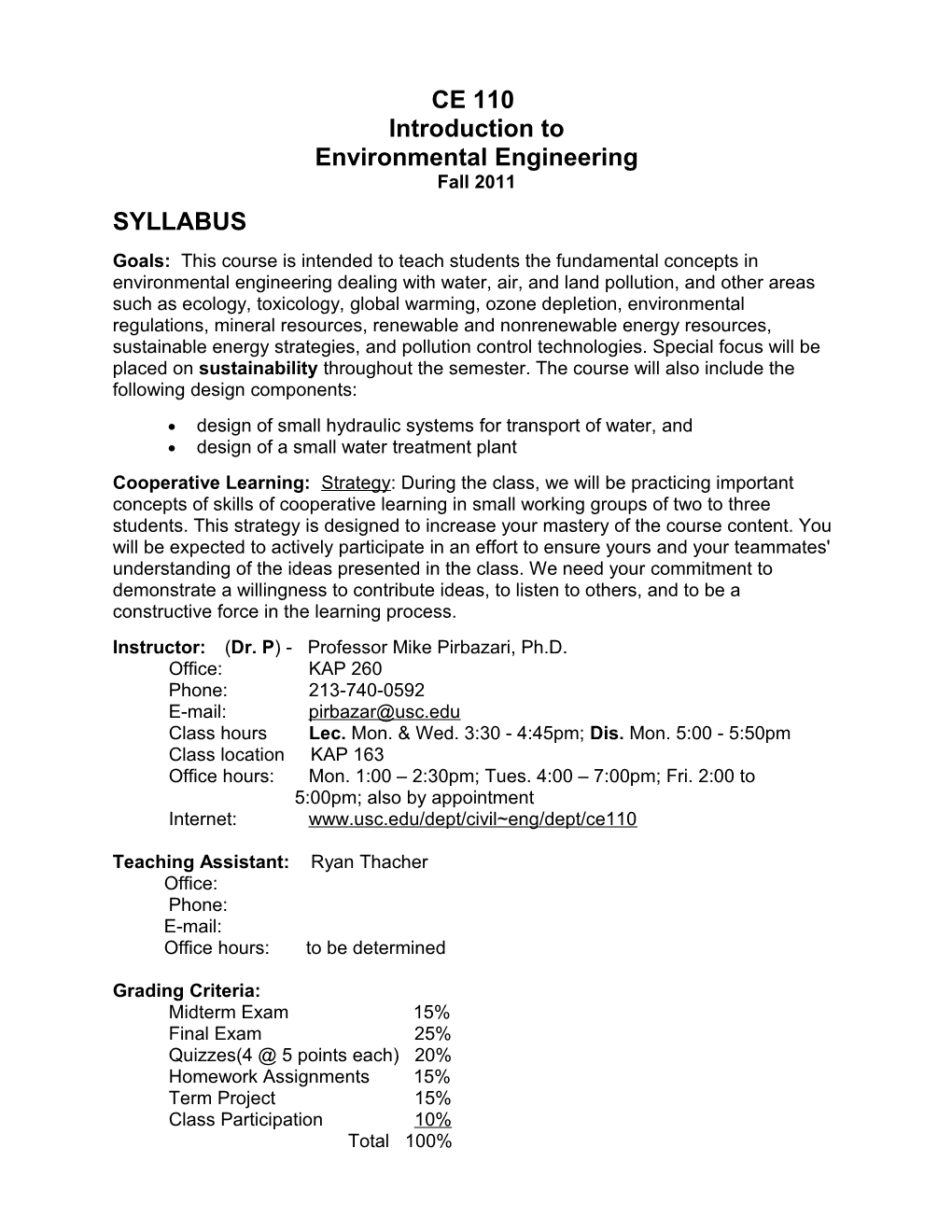 CE 110: Introduction to Environmental Engineering