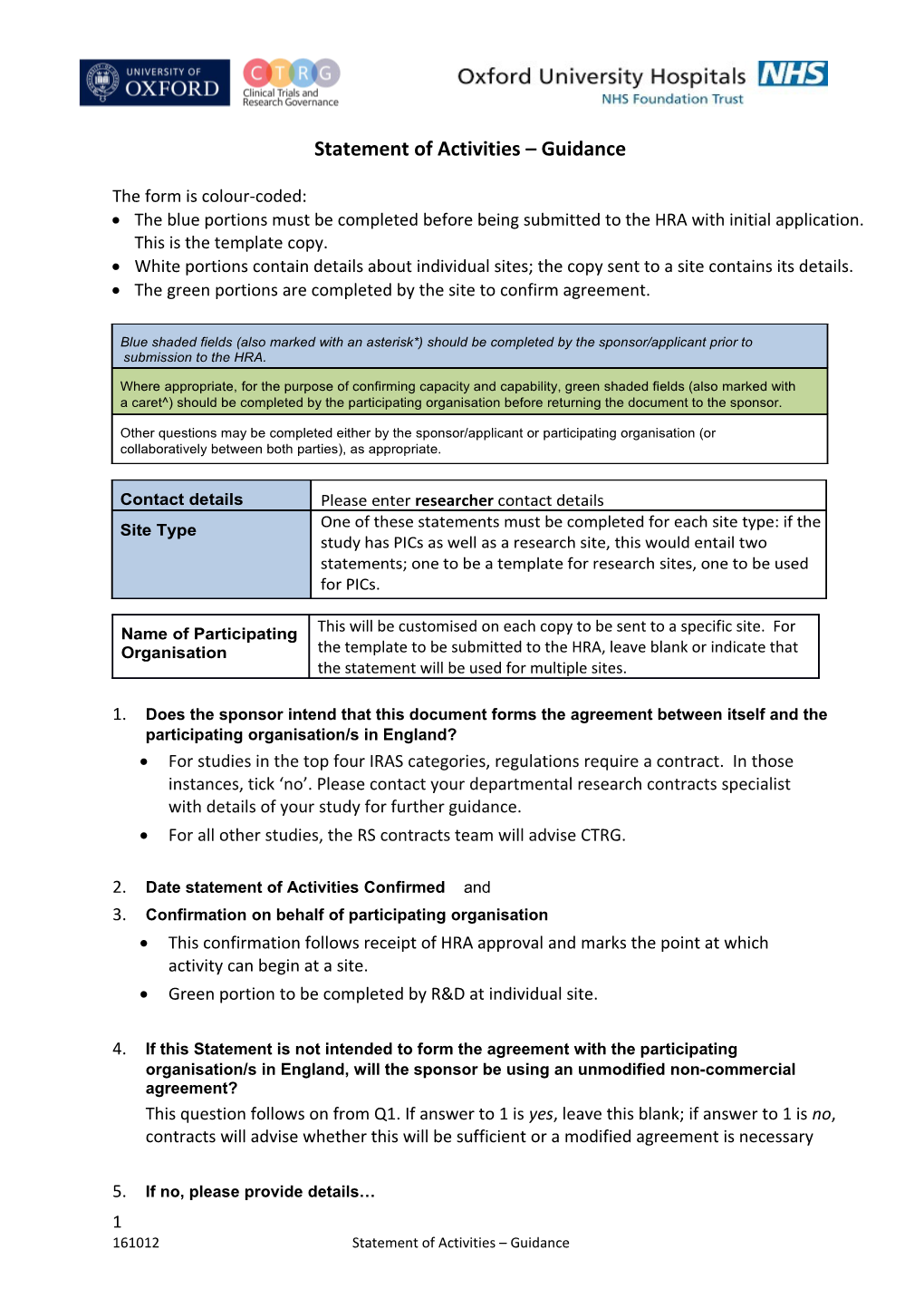 Statement of Activities Guidance