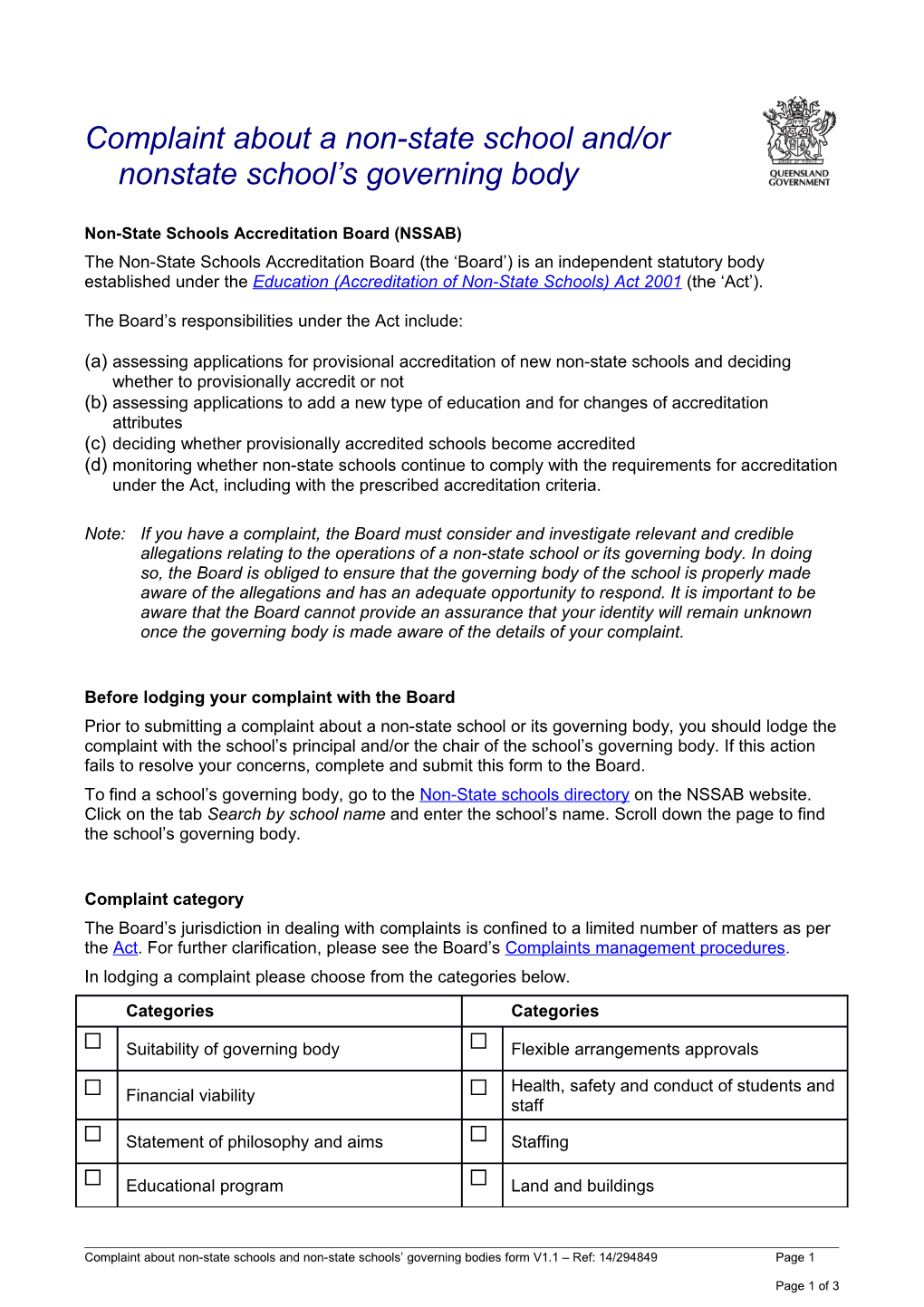 Complaint About a Non-State School And/Or Nonstate School S Governing Body