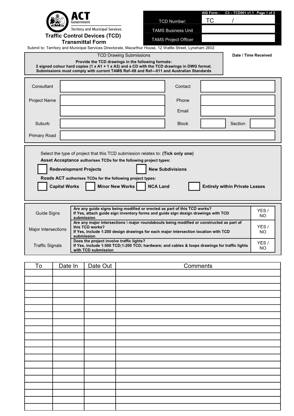 Traffic Control Devices Transmittal Form