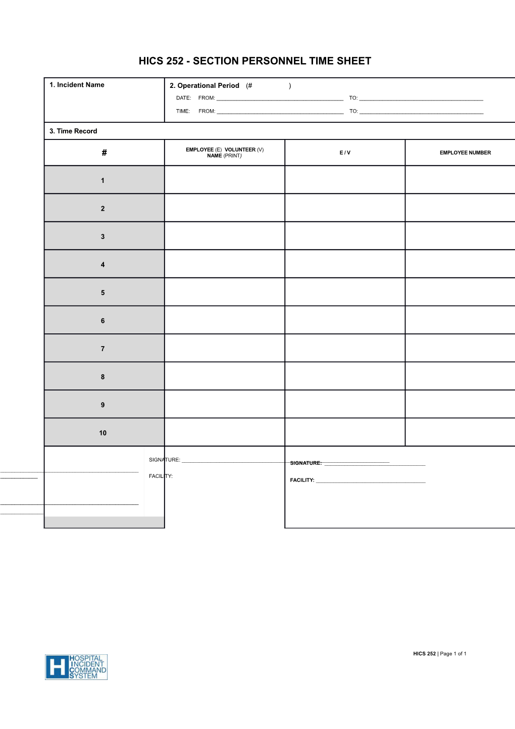 HICS 252-Section Personnel Time Sheet