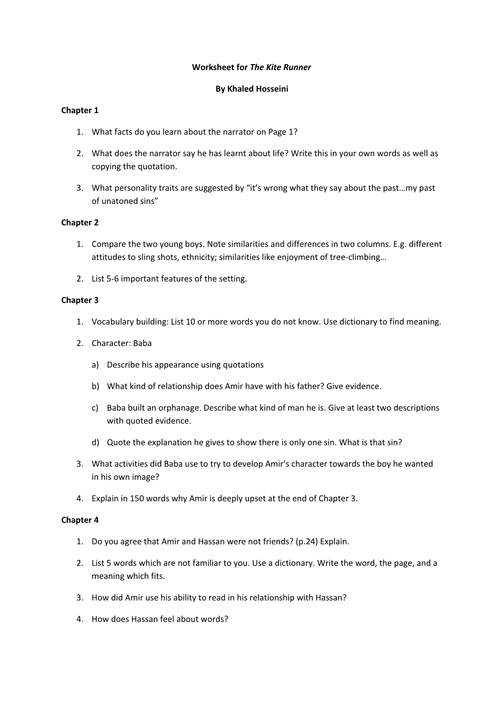 Worksheet for the Kite Runner