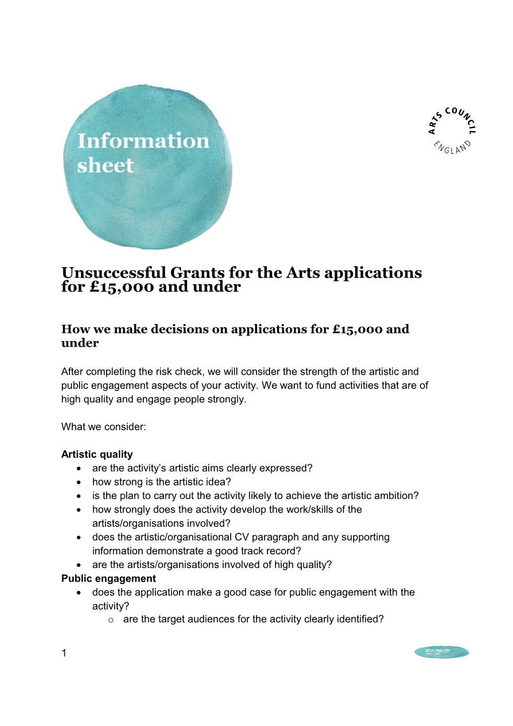 Unsuccessful Grants for the Arts Applications for 15,000 and Under