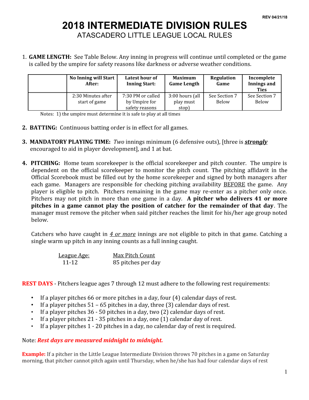 2006 Season Minor a League Division Rules