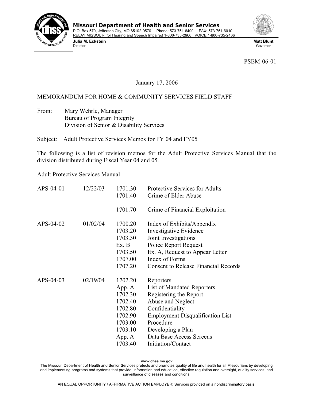 Memorandum for Home & Community Services Field Staff