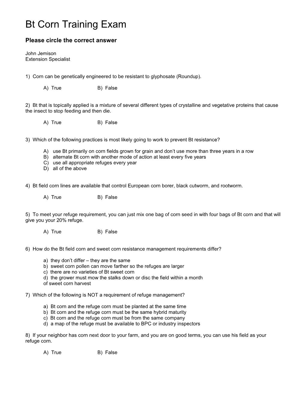 Bt Corn Training Exam