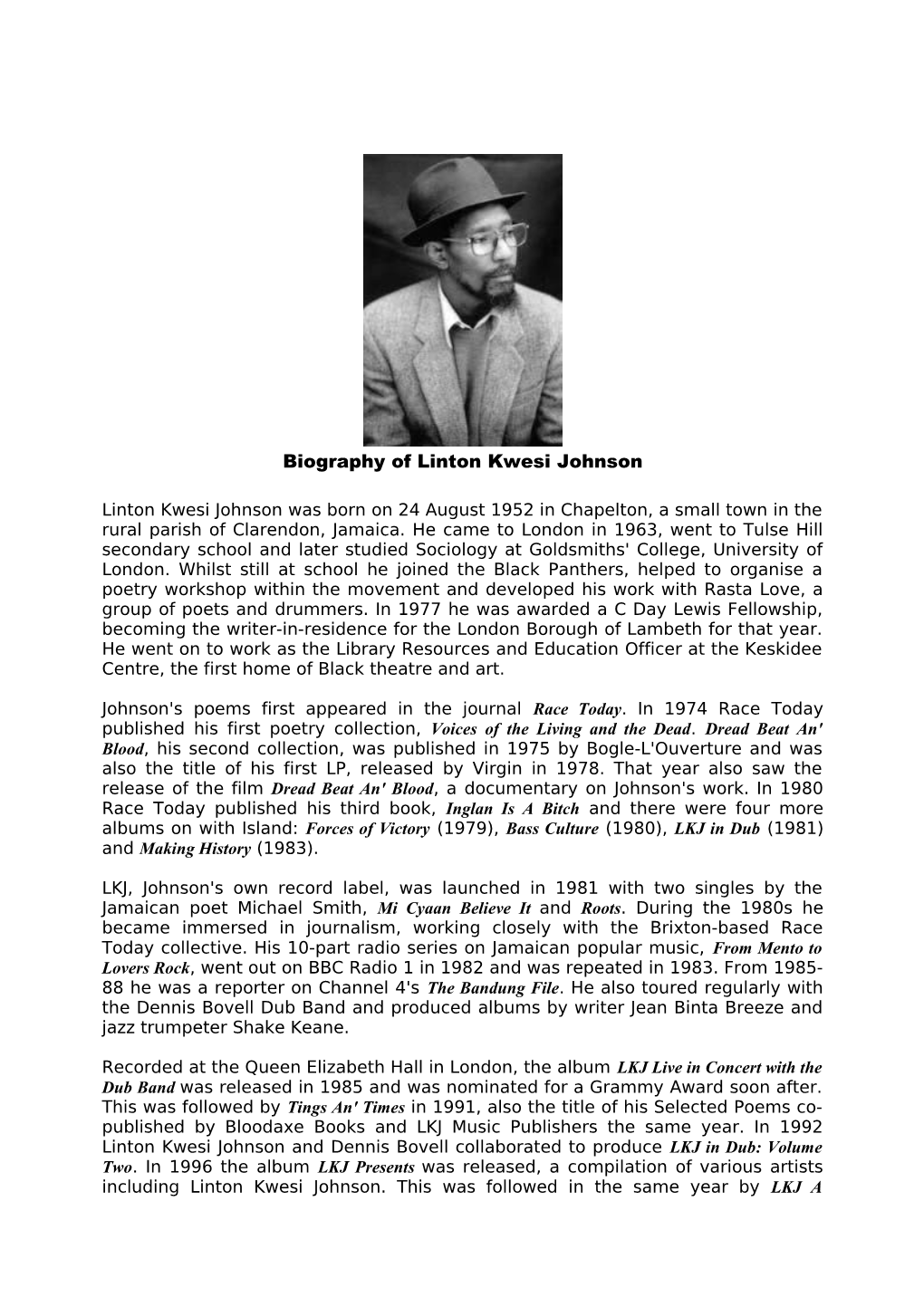 Biography of Linton Kwesi Johnson