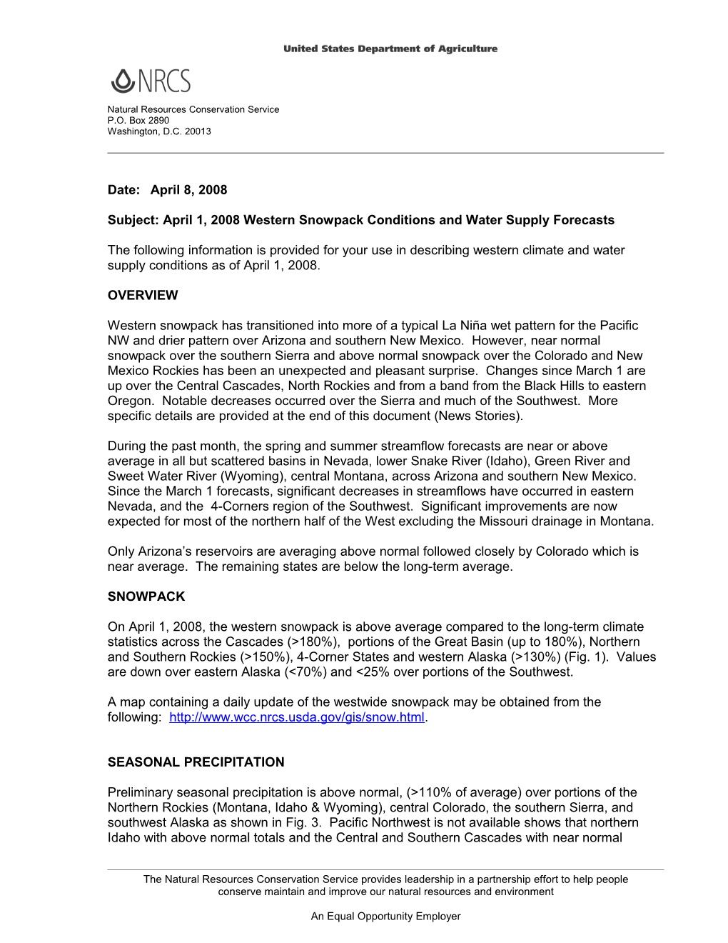 April 1, 2008 Water Supply Forecast Summary