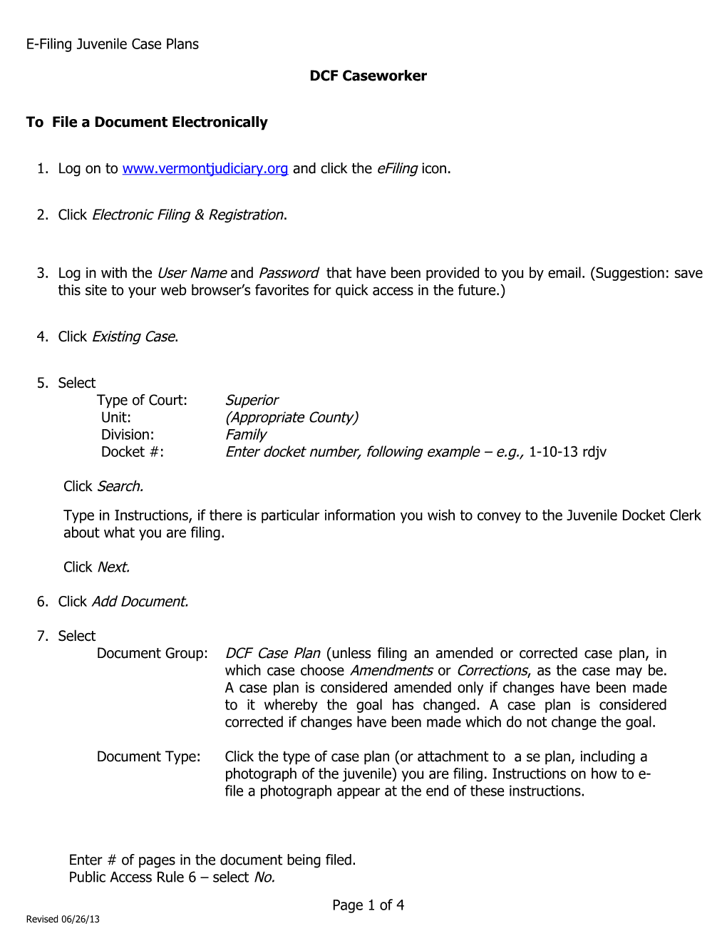 DCF Caseworker E-Filing Instructions Short Version Revised 3-18-14
