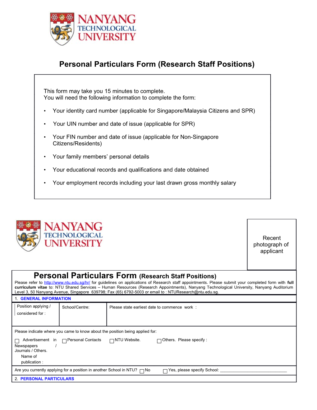 Personal Particulars Form (Research Staff Positions)