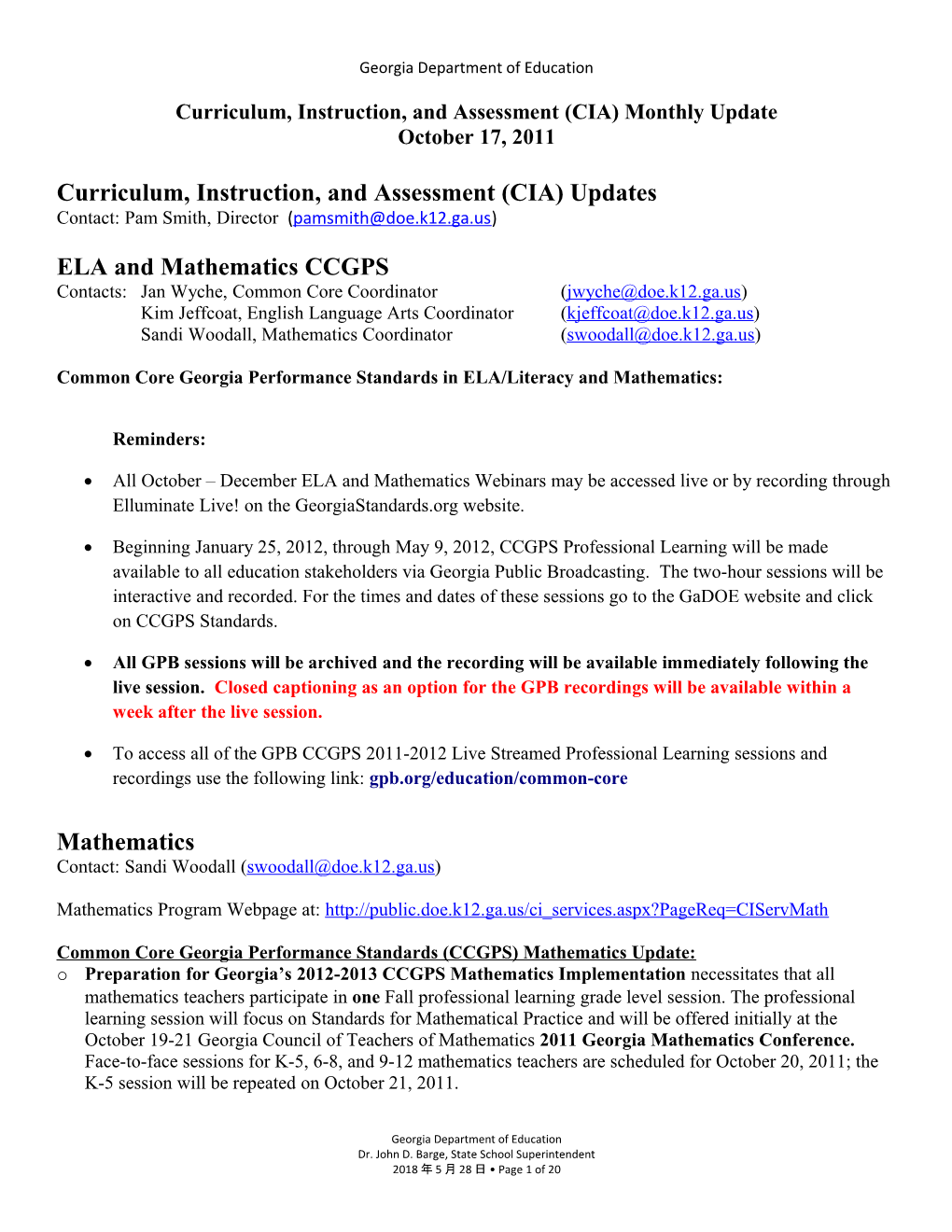 Curriculum, Instruction, and Assessment (CIA) Monthly Update