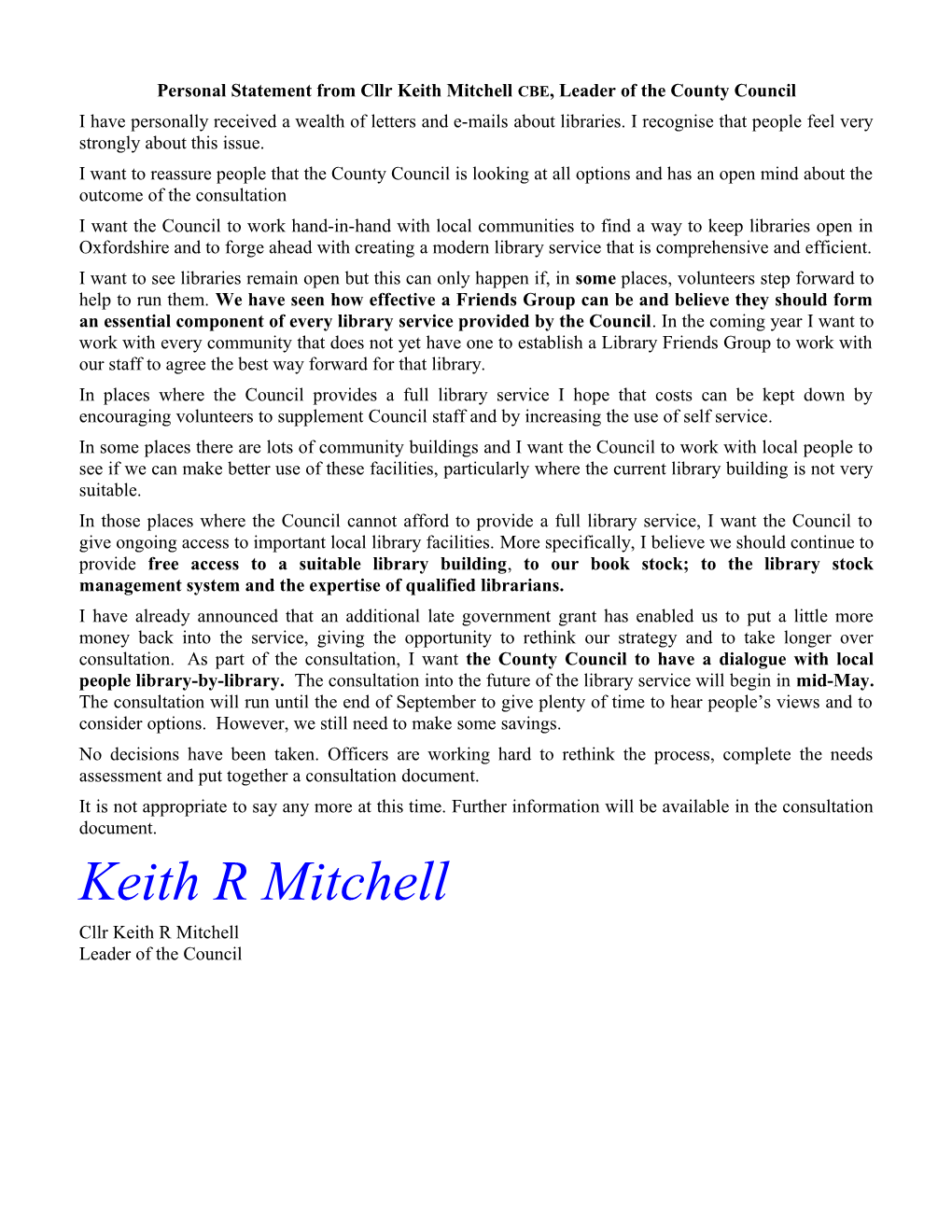 Personal Statement from Cllr Keith Mitchell CBE, Leader of the County Council