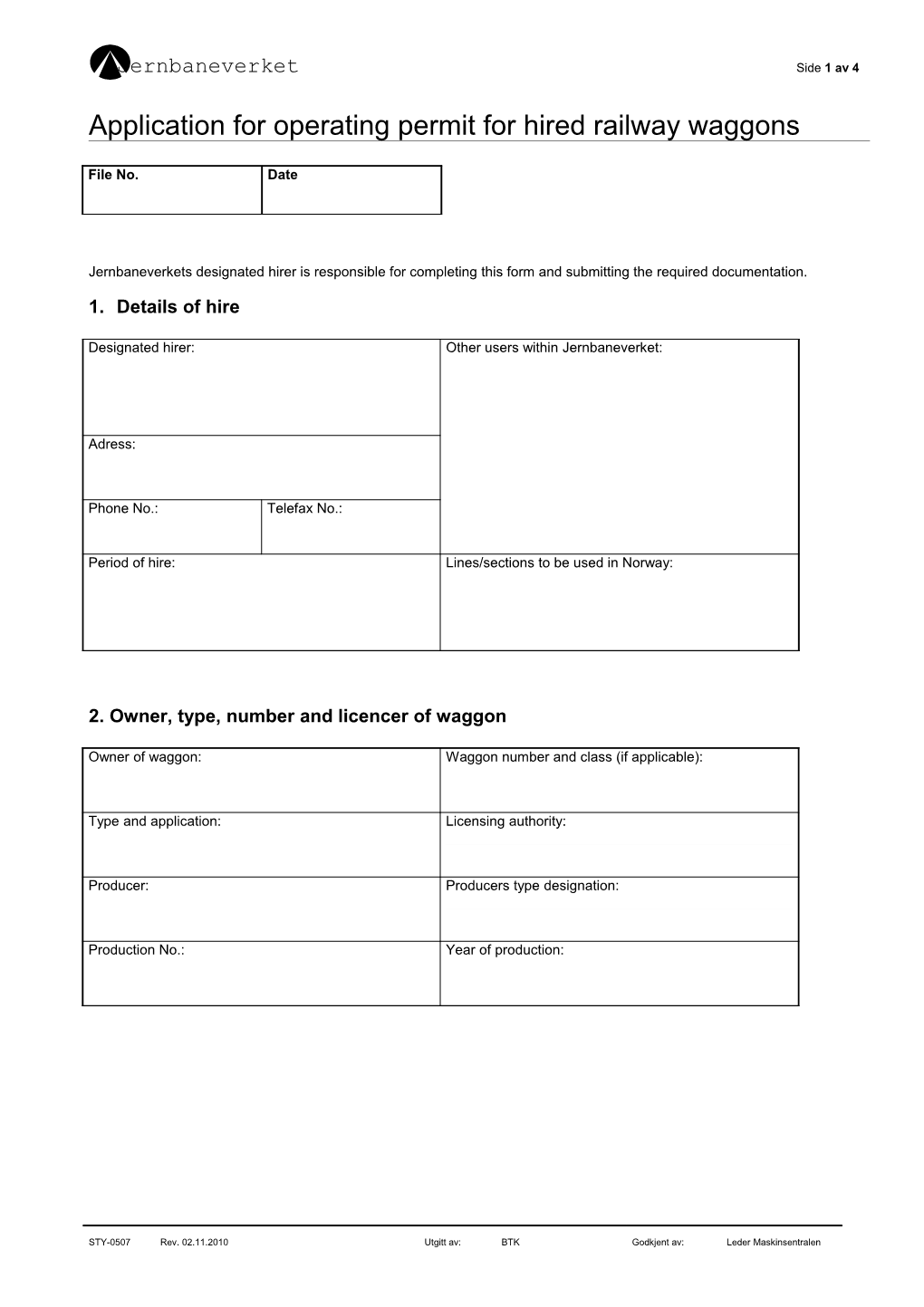 Application for Operating Permit for Hired Railway Waggons