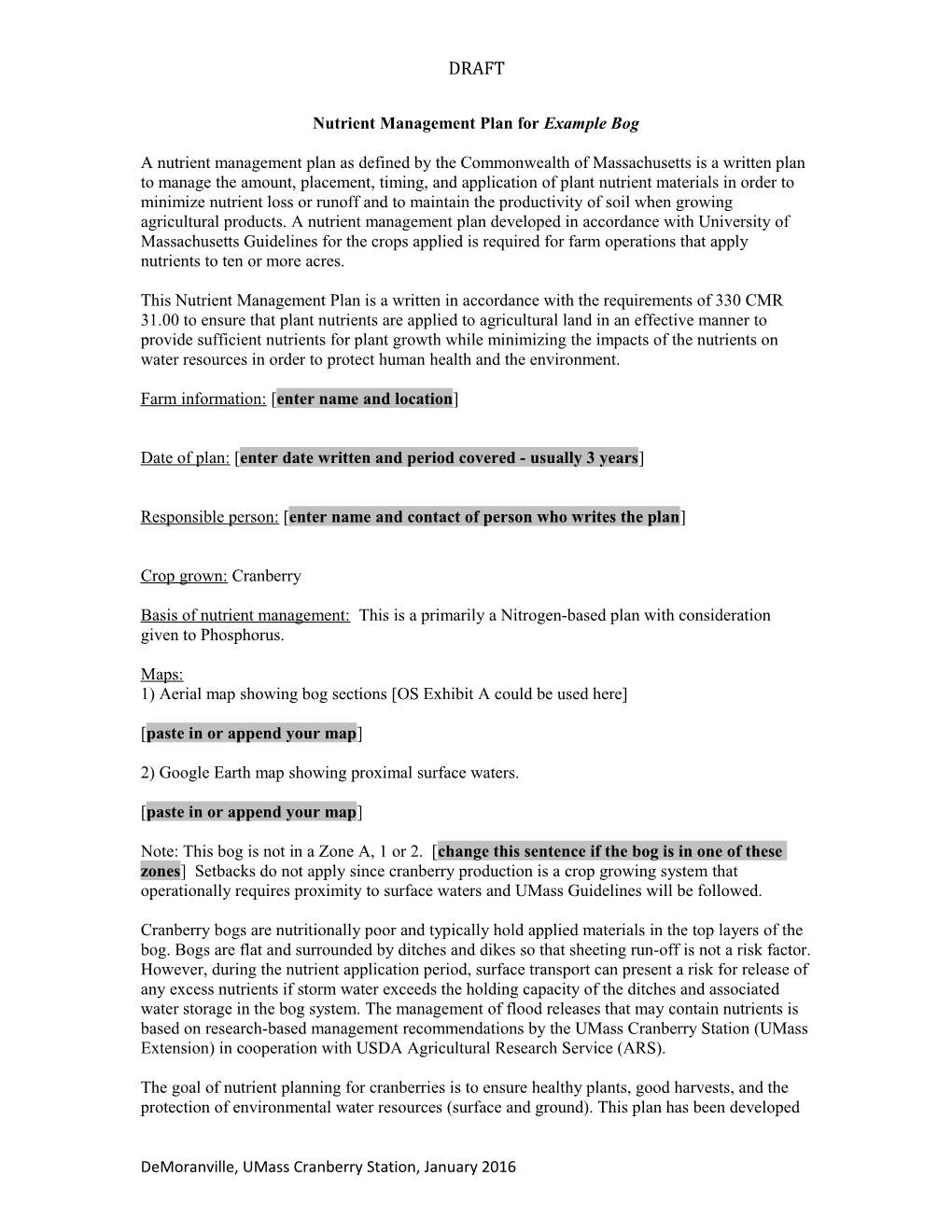 Nutrient Management Plan for Example Bog