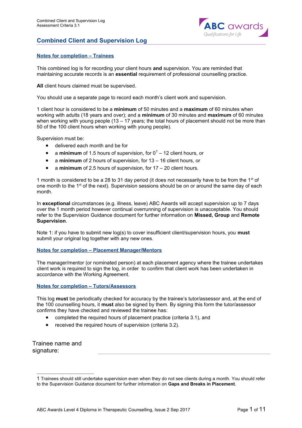 Combined Client and Supervision Log