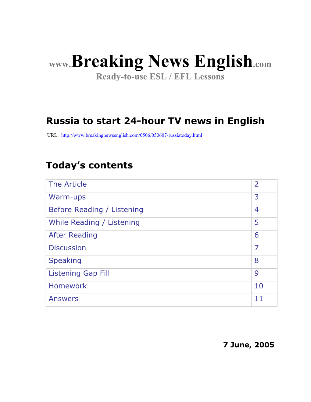 Russia to Start 24-Hour TV News in English