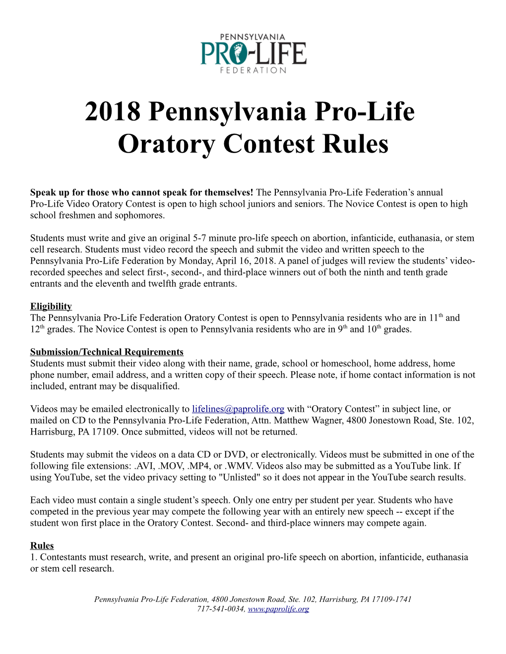 2018 Pennsylvania Pro-Life Oratory Contest Rules