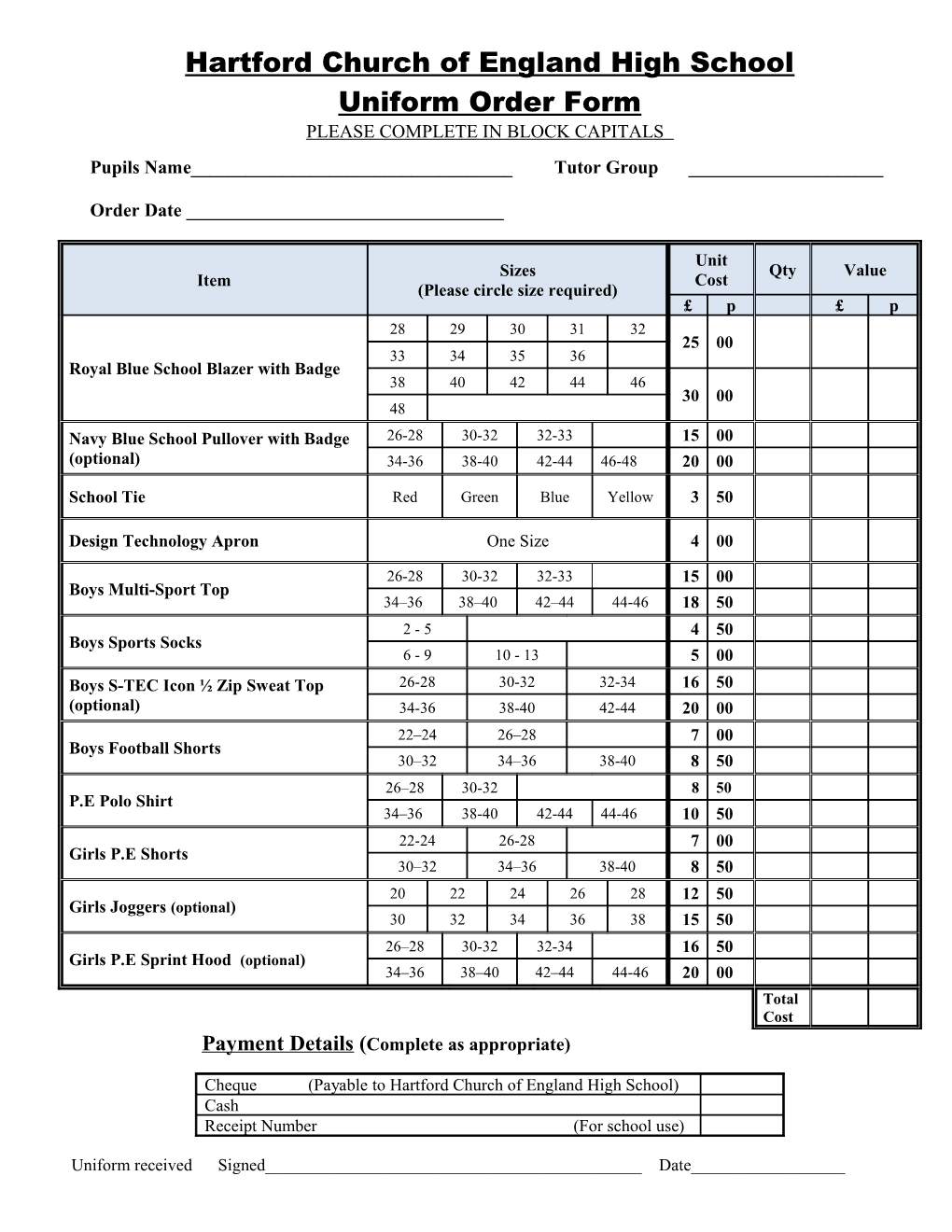 Hartford High School Uniform Order Form