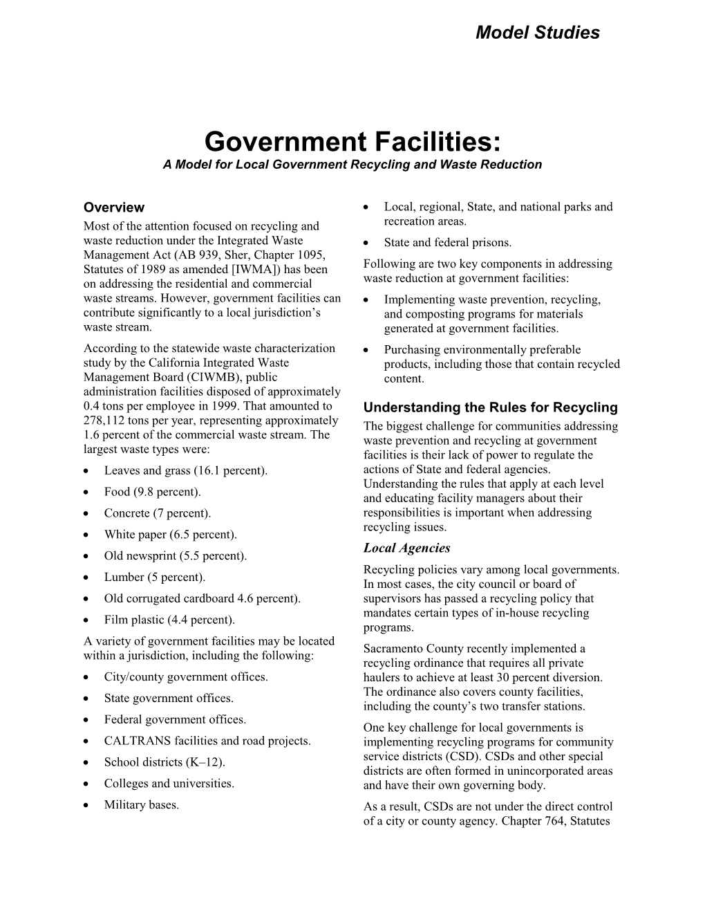 Government Facilities: a Model for Local Government Recycling and Waste Reduction