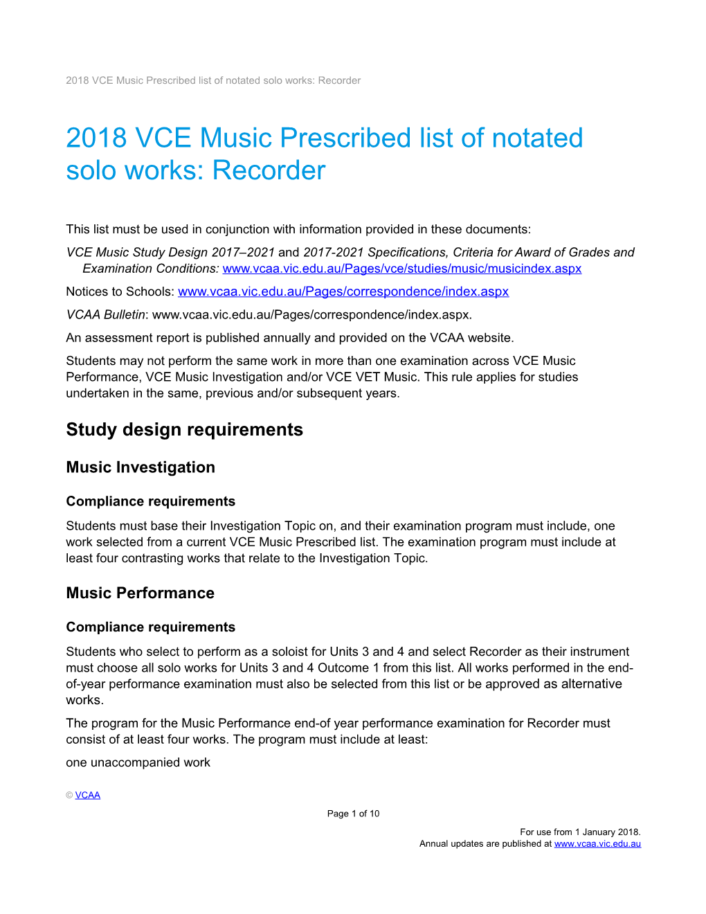 2018 VCE Music Prescribed List of Notated Solo Works: Recorder