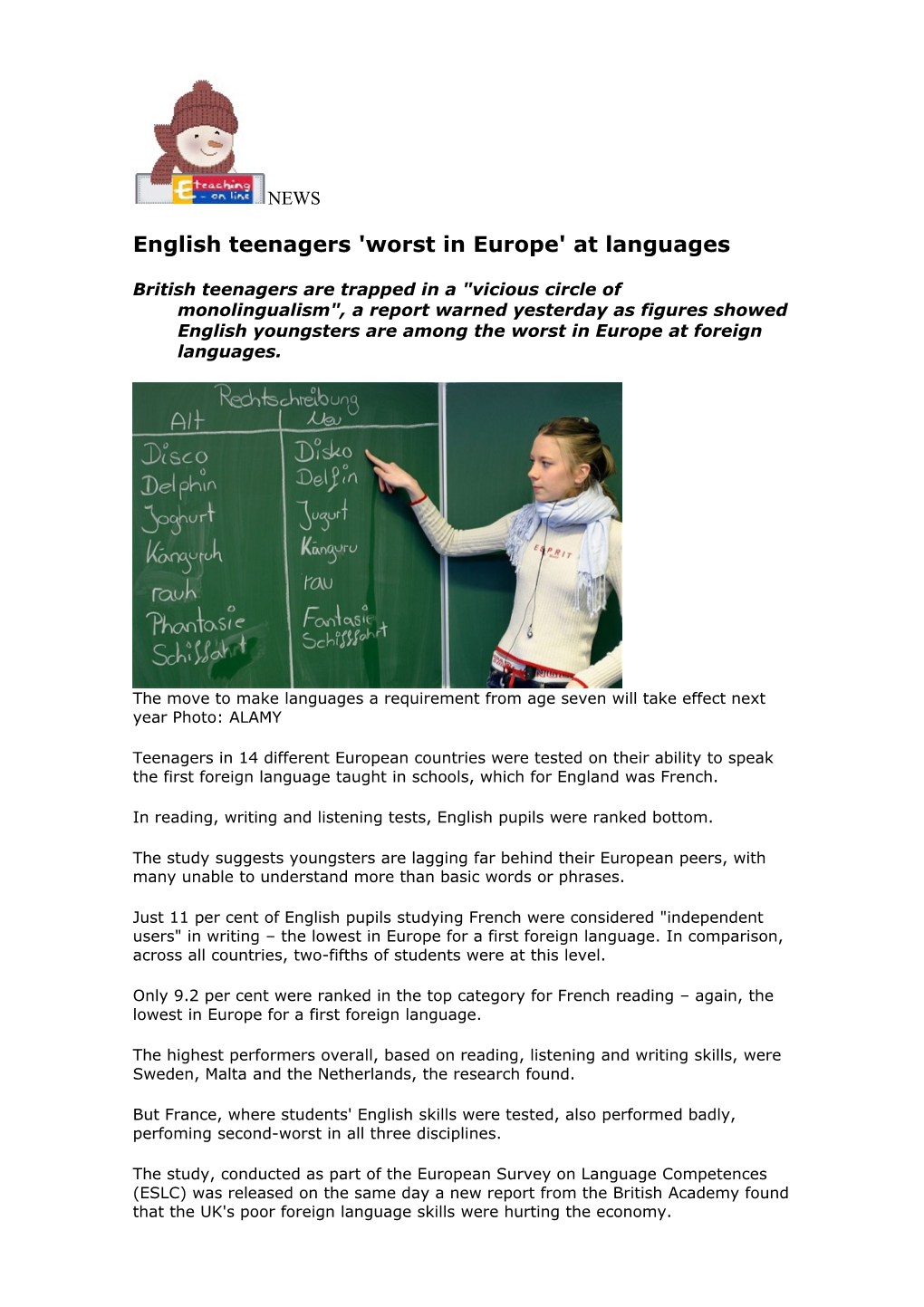 English Teenagers 'Worst in Europe' at Languages